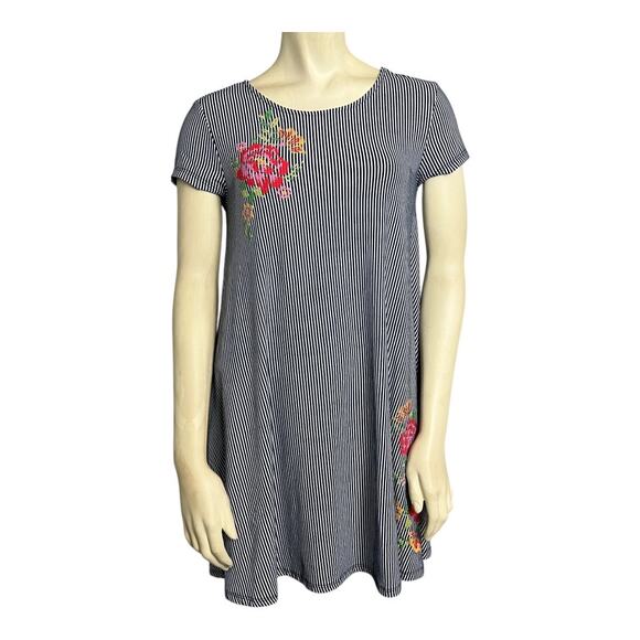 Derek Heart Women's Dress Small Blue White Stripe Floral Stretch Casual Keyhole - Picture 5 of 9